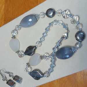 Vintage Y2K Glass & Stone Bead Necklace Earring Set Grey Silver 21"